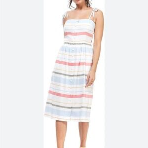 NWT Gal Meets Glam Hattie Stripe Linen Blend Midi Dress, Coral Blue Multi